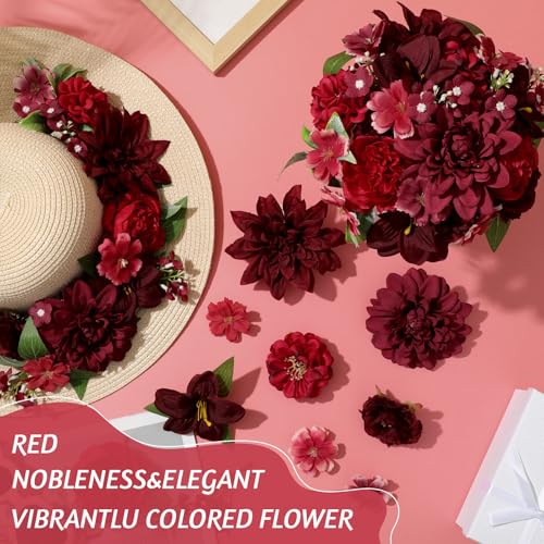 Janinka 100 Pcs Red Assorted Fake Flower Heads with Long Stem Mini Artificial Flower Bulk Mix Silk Faux Daisy for Crafts Fake Peony Rose for DIY Wedding Party Wreath Home Decoration - color: Red