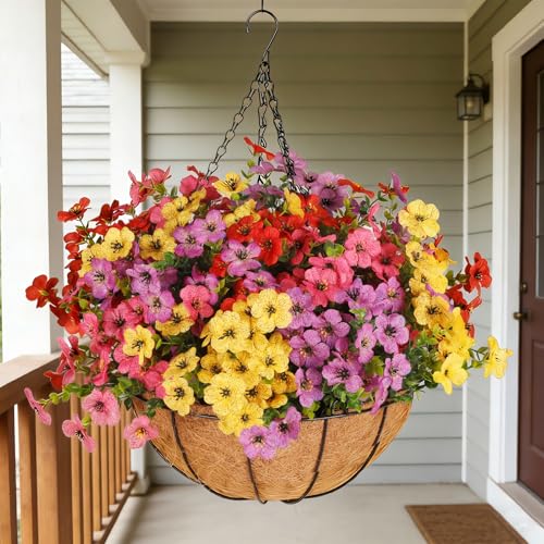 Artificial Outdoors Flowers with Hanging Basket, UV Resistant Fake Hanging Flowers, Faux Silk Plants with Planters for Porch Home Patio Balcony Yard (Rose Red, Purple, Yellow, Red) - color: 4 Multicolor, size: 1PCS