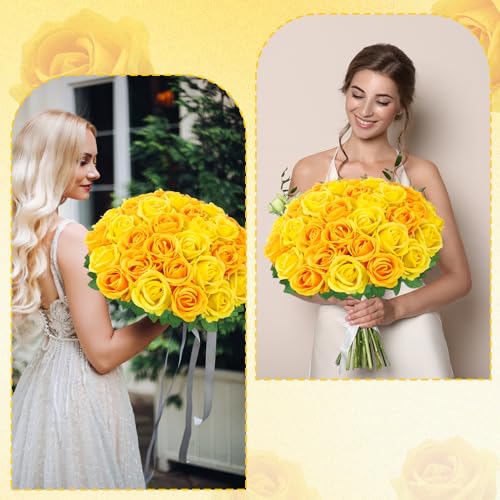 36 Pcs Velvet Texture Yellow, Lemon Yellow Artificial Flowers Bridal Bouquet, Fake Rose Long Stem Realistic Flowers Bulk for Valentine's Day Wedding Bouquet Ball Arrangement Centerpiece Party - color: Yellow, Lemon Yellow
