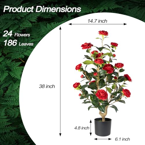 Artificial Camellia Tree 2 Pack - Realistic Camellia Plants in Pot with Red Flowers, Lifelike Faux Greenery for Living Room, Patio, or Wedding, Red - color: Red