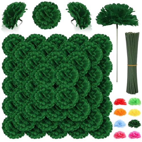 LELEE 108pcs Carnation Head Flowers with Stem - Green Artificial Flowers Carnations Bulk - Silk Carnation Fake Flower for Wedding Bouquet Decor DIY Baby Shower Centerpieces Grad Party Tables Decor - color: Green