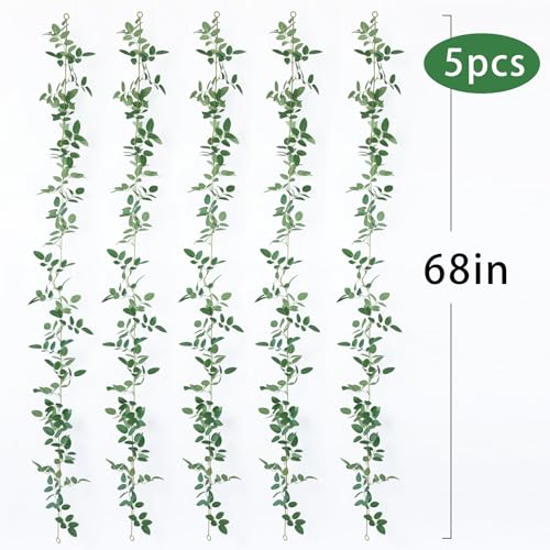 mizii 5 Packs 340" Artificial Vines Garland Fake Vine with Small Green Leaves Silk Rose Leaf Faux Hanging Plants Greenery Decoration for Outdoors Indoor Table Centerpieces Wedding Decor (Rose Leaves) - color: Rose Leaves