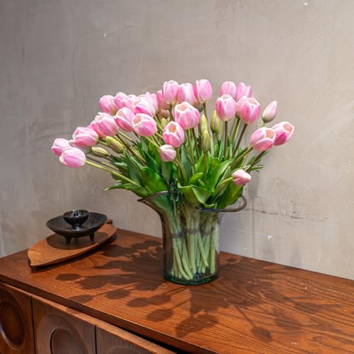 Artificial Tulips Flowers,Soft Touch Latex Bouquet, Fake Tulips,Spring Wedding Home Room Table Centerpiece Decor - color: 60pcs Baby Pink Set(no Vase)