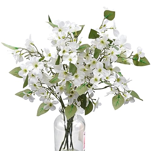 LIUCOGXI 7 Pcs Artificial Dogwood Flowers Floral Arrangements Artificial Silk Bridal Flowers Bouquets Fake Cornus Bush for Home Wedding Bouquet Kitchen Table Decoration Without Vase - color: White # 7pcs