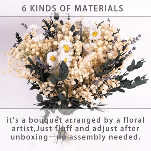 Handmade Dried Flower Bouquet – Natural White, Lavender, Baby’s Breath, Pampas Grass & Eucalyptus – Rustic Boho Style for Home Decor, Weddings, Gifts, and Events - color: White and Green
