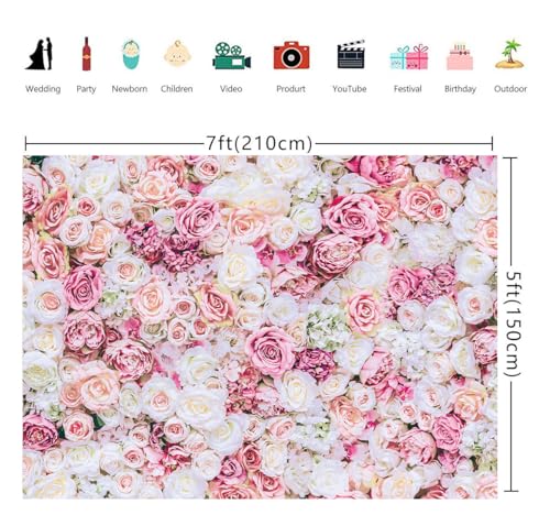 7x5ft Rose Floral Wall Backdrop Pink Rose Flowers Background Tea Party Backdrops Wedding Birthday Bridal Shower Valentine's Day Mother's Day Party Decoration Banner Studio Props - size: 7x5ft