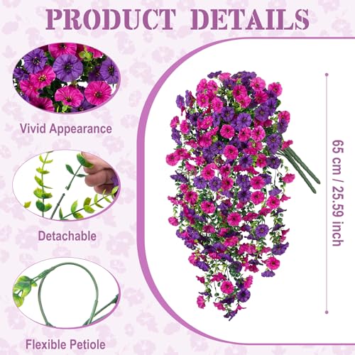 Artificial Hanging Petunias Flowers for Outdoor, 4pcs Fake Plants Long Vine Morning Glory Eucalyptus, UV Resistant Realistic Faux Greenery Indoor Outside Patio Porch Garden Spring Summer Decor, Purple - color: Dark Purple Light Purple, 4pcs