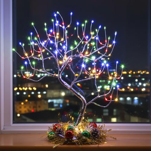 FuChsun Tabletop Bonsai Tree Light 108 LED Fairy Artificial Tree Lamp fot Room Party Home Centerpieces Decoration, Battery/USB Operated (Galaxy Glow Silver Branch) - color: Multicolor Glow-silver Branch
