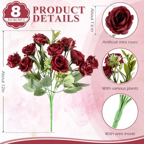 Zeyune 8 Pack Artificial Mini Burgundy Roses, 12 Inch Fake Flowers with Stems, 80 Small 1.6 Inch Flower Heads, Silk Mini Rose Bouquets for Wedding Centerpieces, Bridal Bouquets, Home Party Decor - color: Burgundy