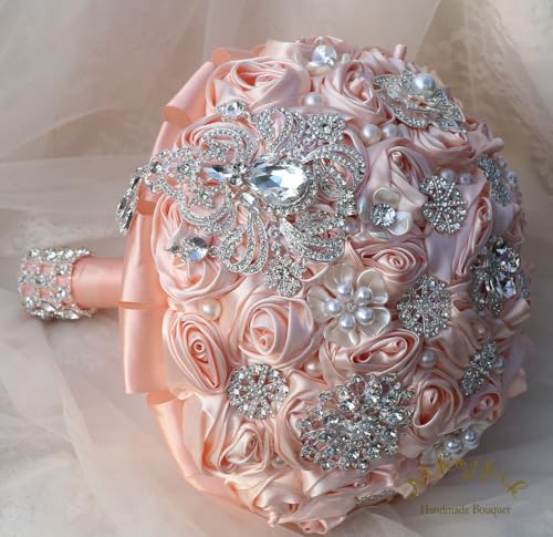 Bridal Wedding Bouquet Round Bling Brooch Bouquet Artificial Rose Flower Bunch for Bride Bridesmaid Wedding Quinceanera(Light Salmon Pink, 9.8") - color: Light Salmon Pink, size: Large (Dia. 9.8"/25cm)