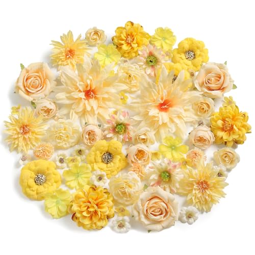 Fake Flowers Heads Bulk Yellow Mini Artificial Silk Flower for Crafts, Small Artificial Daisy Roses Faux Flowers for Graduation Cap DIY Cake Wedding Party Home Garland Decoration - color: Yellow