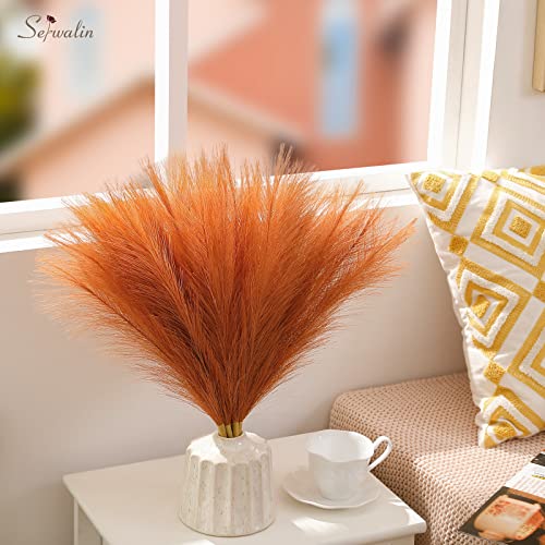Serwalin Pampas Grass Decor 17.7 Inch 6 Pcs Orange Pampas Grass, Faux Burnt Orange Pampas Fall Boho Decor, Wedding Party Table Centerpieces Rust Home Decor Pampas Floral Arrangement - color: Orange, size: 17 Inch 6 Pcs
