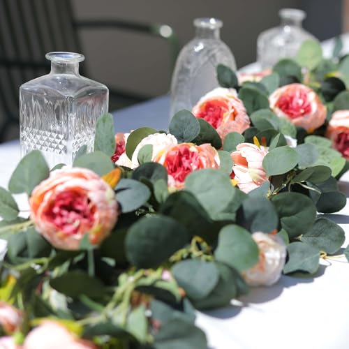 MISSPIN 2pcs Artificial Flowers Garland Spring Eucalyptus Garland Vintage Fake Flower Peony Rose Vine Greenery Decorative Wall Hanging Plant for Wedding Arch Door Arrangement Party Decor - color: Vintage Pink,2