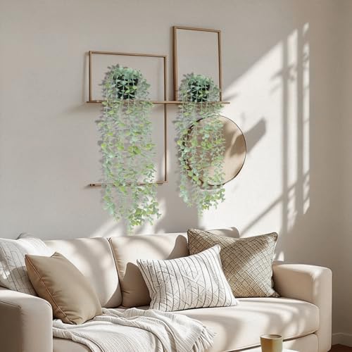 echosari 2 PCS Fake Hanging Plants, Artificial Potted Plants Eucalyptus, Greenery Faux Plants Indoor for Modern Boho Home Bedroom Wall Book Shelf Decor - size: 2 PCS