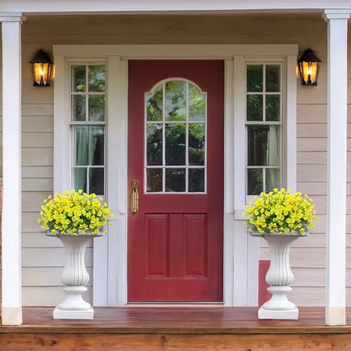 LikSoor 16 Bundles Artificial Flowers Outdoor Spring Summer Decoration Fake Silk Colorful Daisy Eucalyptus Realistic UV Outside Faux Plants for Garden Porch Window Box Home Decor Morning Glory Yellow - color: Morning Glory Yellow