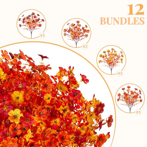 INXUGAO Artificial Fake Mums Fall Flowers for Outdoor Outside Decoration 12 Bundles Faux Silk Flowers Plants Realistic Daisy UV Resistant Fall Décor Autumn Front Door Porch Patio Yard Decoration - color: Y1-red Orange Sunset Yellow