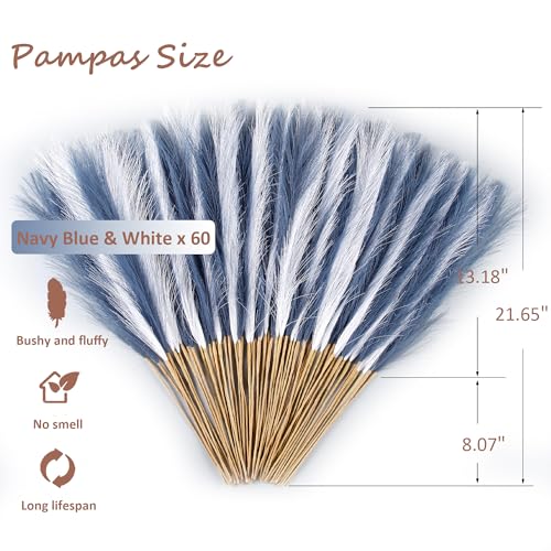 60Pcs Navy Blue and White Faux Pampas Grass Decor, 21.7" Pompas Grass Flower Arrangement and Vase Filler for Boho Home Wedding Decoration - size: 21.7'' Tall Navy Blue&White