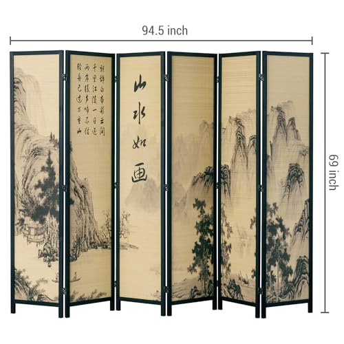 MyGift Decorative 6 Panel Folding Room Divider Bamboo Screen with Chinese Calligraphy Design, 6FT Freestanding Floral Artwork Room Partitioner with Black Wood Frame 94.5''W x 69''H - color: Black (Floral), size: 6 Panel