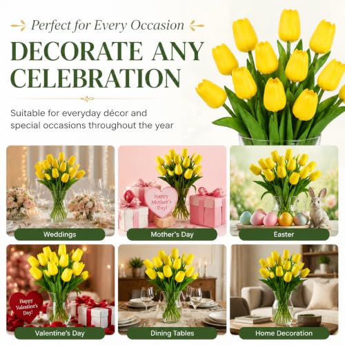 10 Pack Tulips Artificial Flowers PU Faux Flowers Fake Tulips for Home Kitchen Wedding Dining Table Decorations Mother's Day Easter Valentine's Day Decor (Yellow) - color: Yellow