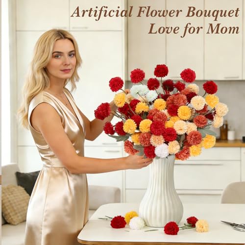 PARTY TONIGHT 12 Pcs Artificial Fall Flowers, Burnt Orange Faux Kiku Chrysanthemum, Assorted Silk Mums Balls, Autumn Fake Floral Stems for Vase Home Table Decor Arrangement（6 Mix Colors ）