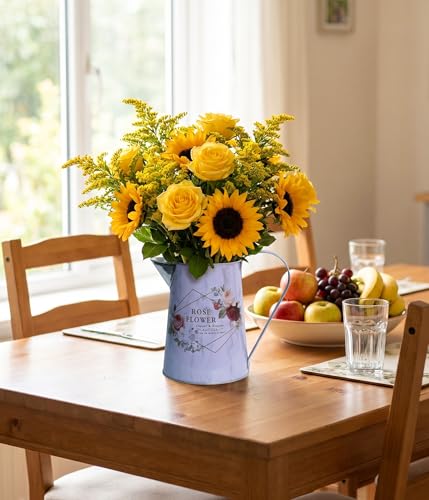 Yoillione White Metal Flower Vase with Rose Floral Pattern, Jug Pitcher Vase with Handle for Romantic Farmhouse Home Decor, Gifts for Women Girls - color: Rose, size: Small