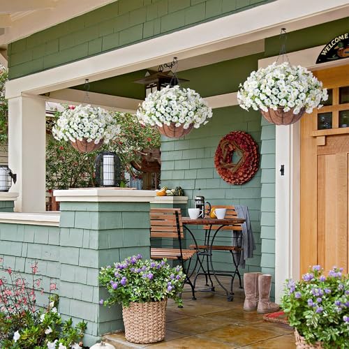Ivydale Artificial Fake Hanging Flowers Plants Baskets for Outdoor Spring Summer Decoration, Faux Silk White Morning Glory Look Real UV Resistant for Outside Porch Patio Balcony Yard Front Door Garden - color: White