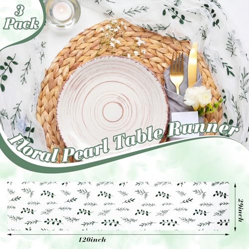 Mindsoft 3 Pcs Eucalyptus Table Runner 10ft Gauze Sage Green Embroidered Leaf Decor Foliage Floral Tulle Lace Table Runner for Wedding Bridal Baby Shower Holiday Dining Decor DIY - style: Green Leaves
