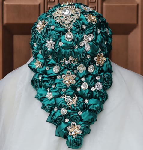 Luxury Cascade Bridal Wedding Bouquet Satin Rose Waterfall Holding Bouquet Artificial Flower Bunch for Bride Bridesmaid(Dark Green, 15" x 7.5") - color: Dark Green #3, size: 15"L x 7.5"W(38cm x 19cm)