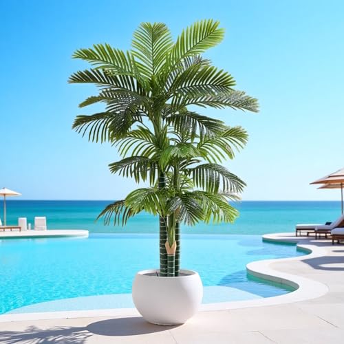 6FT Tall Triple Golden Cane Palm Tree (1 Pack), Large Faux Plants, UV Resistant Indoor/Outdoor Fake Plant in Black Cement Pot - Realistic Tropical Decor for Patio, Living Room, Office - color: 6ft Golden Cane Palm - 1 Pack, size: 6ft