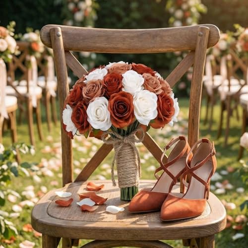 Hoteam 72 Heads Burgundy Brown Artificial Rose Flowers 6 Bouquet Wedding Decoration Faux Flower Arrangement Bouquet with Stem Bridal Shower Gift Floral Centerpiece for Tables - color: Brown