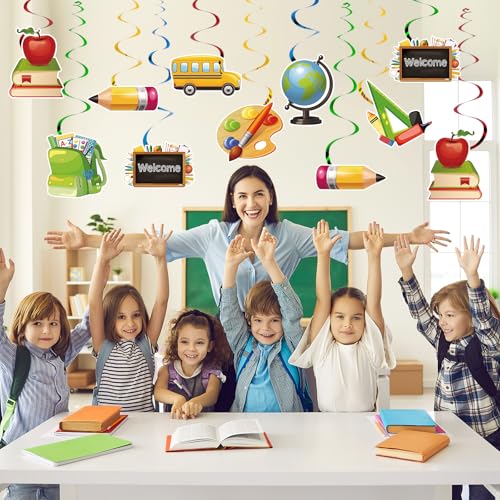 24Pcs Classroom Hanging Decorations, Welcome Back to School Party Ceiling Streamers Cutouts, Bright Hanging Swirls for Elementary Classroom Office First Day of School Teacher's Day Ceiling Decorations - color: Yellow-1