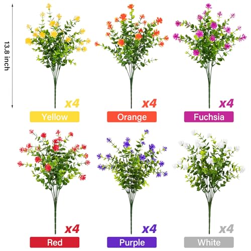 Ouddy Decor 24 Bundles Artificial Flowers for Outdoors Decoration Fake Flowers UV Resistant Faux Plastic Greenery Eucalyptus Plants for Spring Summer Garden Patio Indoor Outdoor Home Decor, Multicolor - color: Multi Color