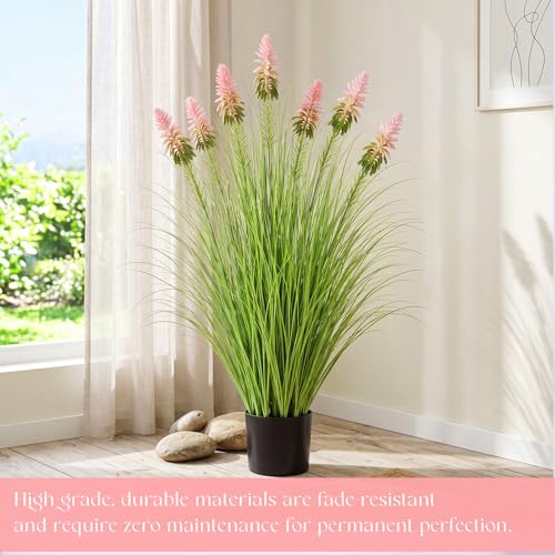 Jexine 2 Pieces 4 ft Artificial Tall Grass Plants Outdoor with Pink Cockscomb Flower Tall Artificial Grass Green Onions Plant Potted for Housewarming Gift House Garden Lobby Outdoor - color: Pink Cockscomb Flower