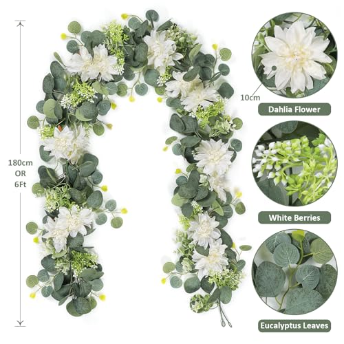 Dremisland Artificial Flowers Garlands 4 Pack 24Ft Eucalyptus Garlands with Flowers Dahlia Flower Vines Hanging Floral Garland for Wedding Arch Bedroom Home Wall Backdrop Room Decor - size: 4PCS