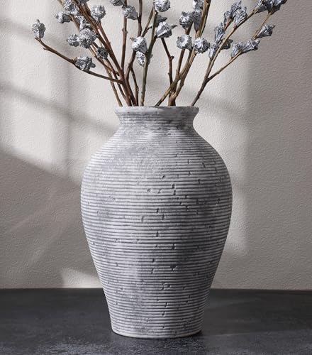 Ceramic Flower Vase Home Decor, 9 in Farmhouse Table Vases Rustic Vintage Living Room Kitchen Bedroom Pottery Decorative Vases for Flowers House Book Shelf Office Coffee Desk Dining Entryway, Grey - color: 9 in - Grey