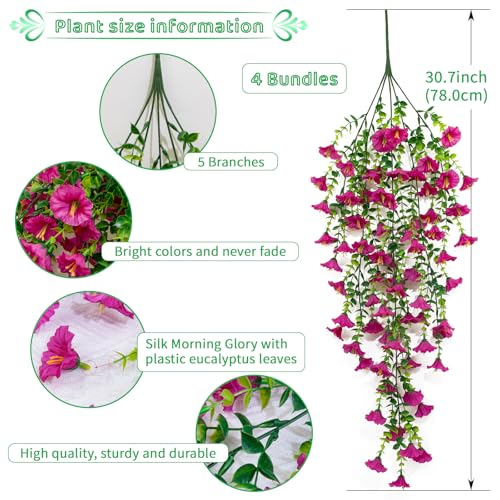 4 Pack Artificial Faux Hanging Flowers Plant for Outdoor, Fake Silk Morning Glory with Eucalyptus UV Resistant Realistic Trailing Vine for Wall Home Porch Patio Balcony Yard Indoor Decor, Rose Red - color: Rose Red