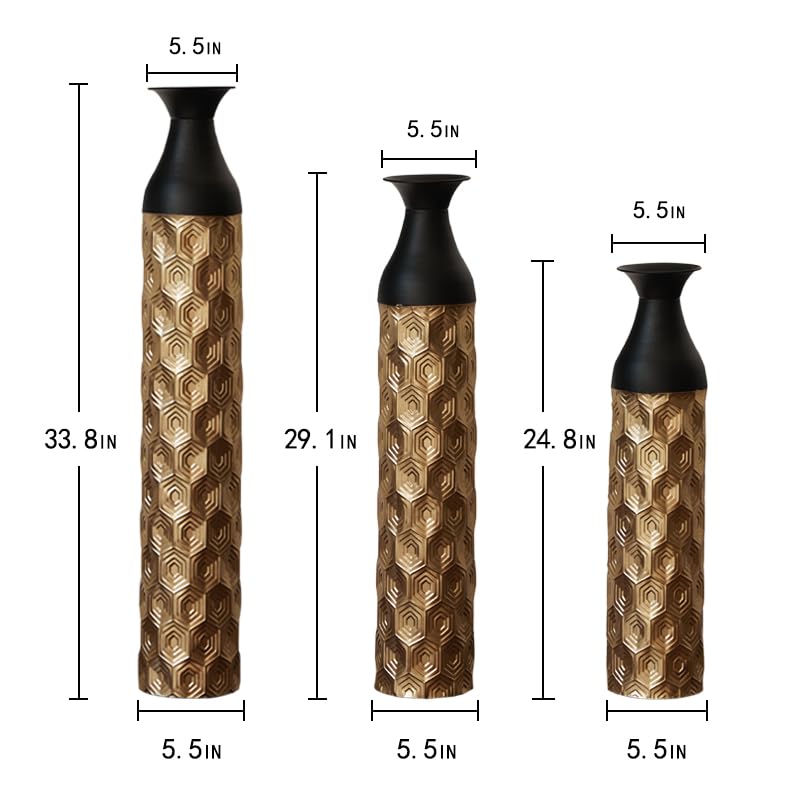 Metal Floor Vases Decorative, Set of 3 Flower Arrangement Stand, Metal Decorative Vase Tall Distressed Metallic Centerpiece Vases with 3D Triangle Pattern, 33.8", 29", 24.8" H (Black1＆Gold1) - color: Black1＆gold1