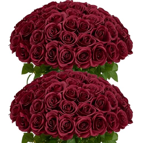 60 PCS Fake Burgundy Roses Artificial Burgundy Flowers Bulk Realistic Silk Faux Rose with Stems for Wedding Decoration Anniversary Bridal Bouquet DIY Floral Arrangement Romantic Home Decor Gifts - color: Burgundy