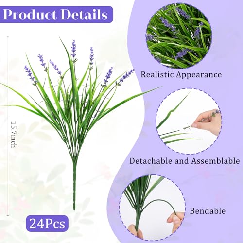 24 Bundles Artificial Plants Flowers Outdoor, Faux Lavender Flowers Fake Monkey Grass UV Resistant Plastic Plant for Porch Garden Patio Window Home Decor, Purple - color: Purple