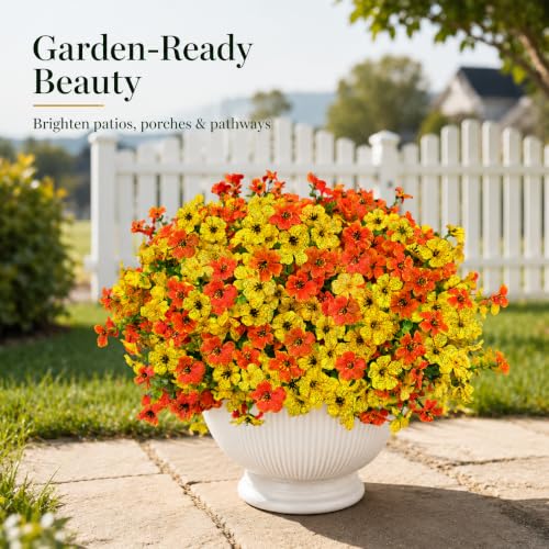 Artificial Flowers for Outdoors UV Resistant, 12 Bundles Realistic Faux Daisy with Eucalyptus Leaves Fake Plants for Porch Patio Planter Garden Decoration (Orange Yellow) - color: Orange Yellow