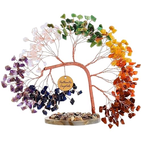 7 Chakra Tree of Life Crystal Tree | Healing Crystals & Stones | Handmade Bonsai Birthday Gift for Women, Mom, Sister & Friends | Brings Positivity, Money & Good Luck | Boho Home & Office Decor - color: N7- 7 Chakra Healing Crystal Tree Slice Base 300 Bea