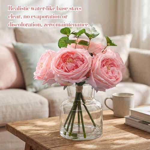 Norme Real to Touch Penoies Artificial Flowers, 6 Pcs Faux Austin Rose in Vase with Big Bloom and Fake Water Real Latex Petals for Wedding Dining Table Centerpiece Home Decor(Pink) - color: Pink
