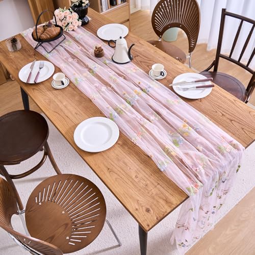 vctops 2 Packs Embroidery Lace Fall Table Runner 10ft Floral Garden Seasonal Tulle Table Runner Holiday Kitchen Dining Table Decoration for Wedding Party Baby Shower Birthday (Pink,30"x120") - color: Pink