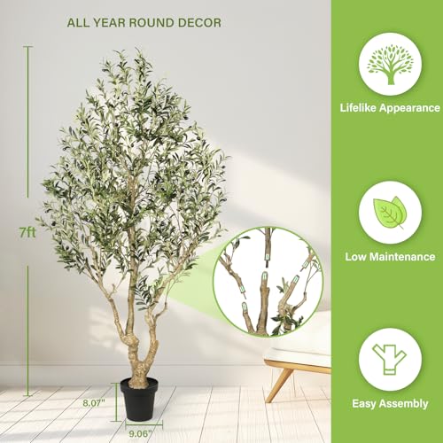 FEELEAD Olive Trees Artificial Indoor 7ft – Faux Olive Tree 7 Feet with Natural Looking Trunk, Realistic Leaves and Lifelike Fruits, Fake Olive Tree for Home Office Living Room Decor - size: 7ft