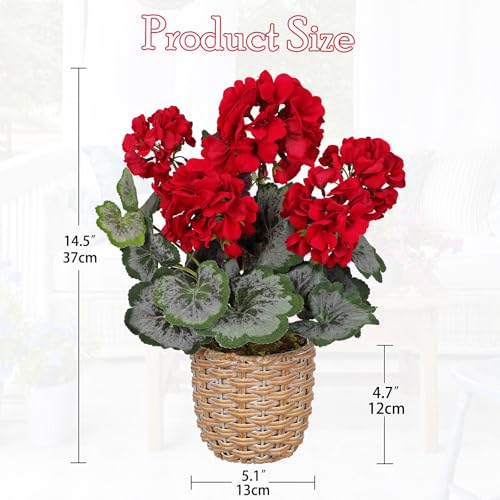 Briful Artificial Red Geranium Flowers in Woven Basket, 14.5’’ Tall Silk Flower Arrangement, Realistic Geraniums Artificial Outdoor Plants for Home Indoor Farmhouse Table Wedding Centerpiece Decor - color: 14.5'' Tall Red, Woven Basin