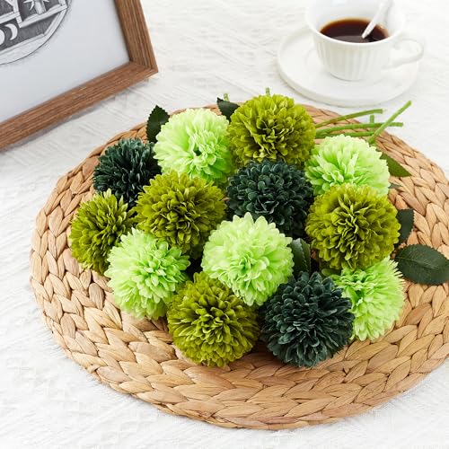SITUMEIZI 12 Pcs Green Artificial Chrysanthemums Flowers Ball Flower Fake Mums Silk for St Patricks Day Wedding Home Kitchen Decoration Floral Arrangement Table Centerpiece(Light,Deep) - color: Green3, size: 12 Pieces