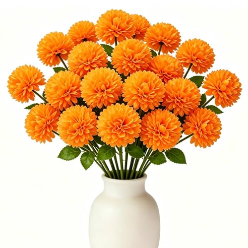 Floweroyal 24pcs Fall Flowers Artificial Chrysanthemum Ball Flower, Fake Mums Silk Hydrangea Flowers Bridal Wedding Bouquet for Home Garden Party Office Autumn Decor - color: Fall Orange-24pcs