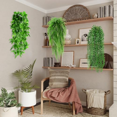 Daifunli Artificial Hanging Plants Fake Hanging Ferns Plastic Fake Plants for Wall Room Garden Garland Indoor Outdoor Decor No Basket (4 Pcs,Boston, Eucalyptus, Ivy Vine, String of Pearls) - style: Boston, Eucalyptus, Ivy Vine, String of Pearls