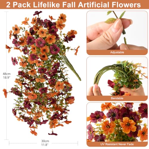 ZFProcess Artificial Hanging Flowers for Outdoors Fall Decoration, 2PCS Silk Fake Daisy Realistic Outdoor Flowers UV Resistant Porch Patio Window Yard Decor - color: Orange+brown