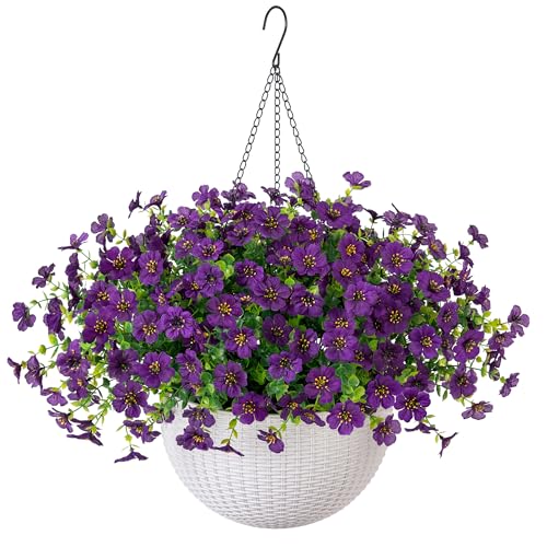 HyeFlora Artificial Faux Hanging Flowers Plants Basket for Outdoor Outside Decoration, Fake Silk Colorful Daisy in Planter for Porch Patio Garden Yard Home - color: Purple 2
